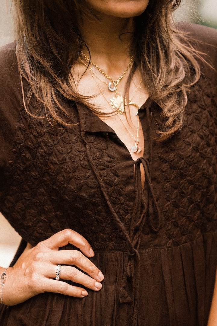 Chikankari-embroidered maxi dress in chocolate