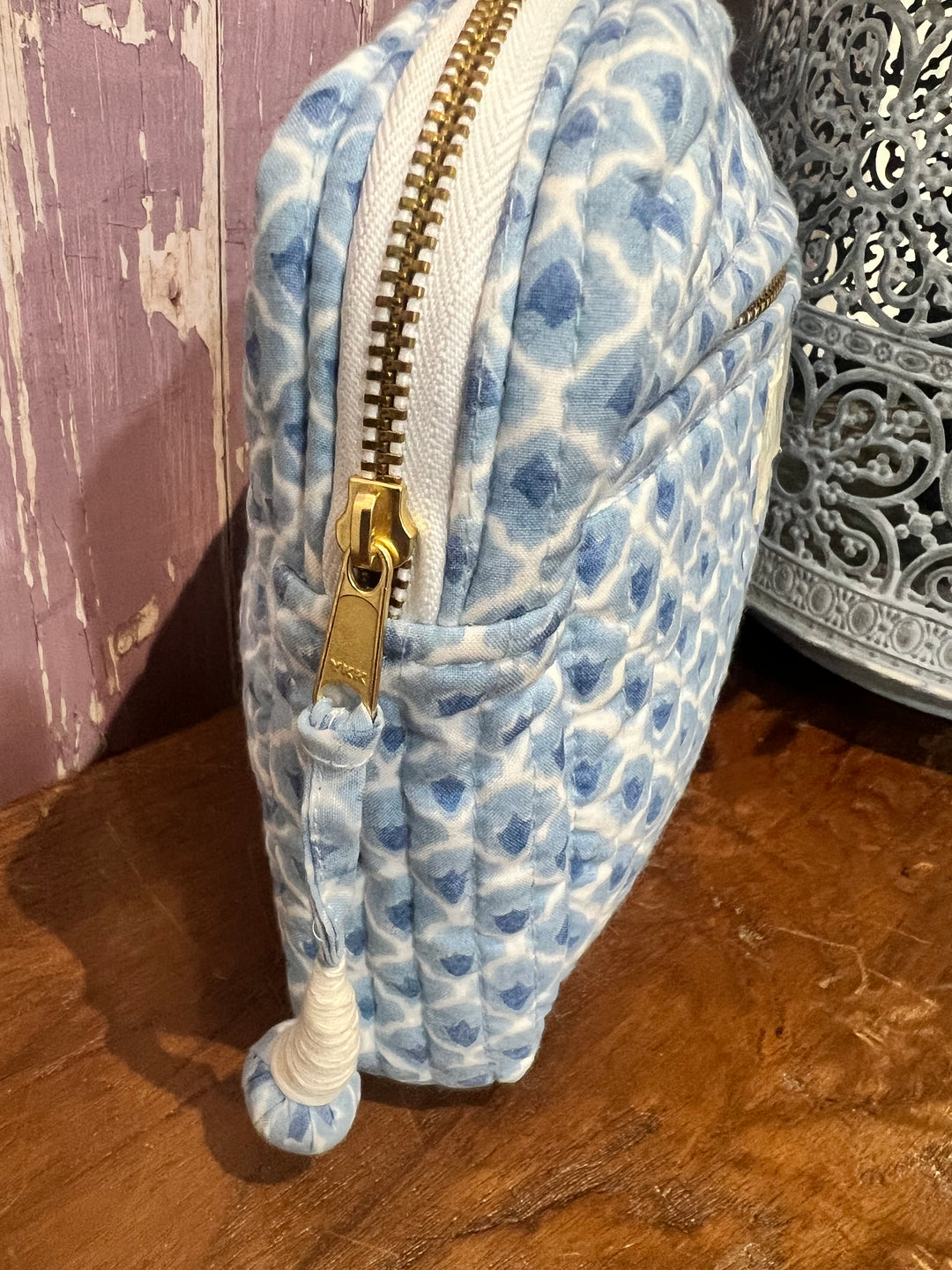 New double zip make up bag in blue mini buta