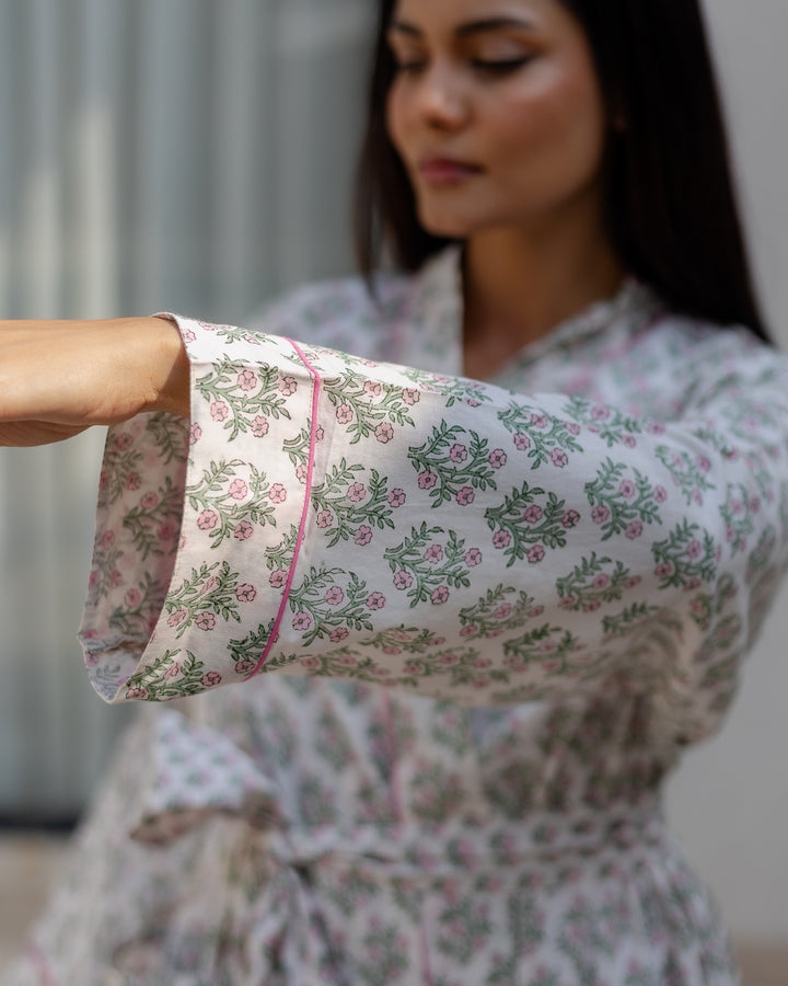 Mogra Robe in White and Sage - Dilli Grey