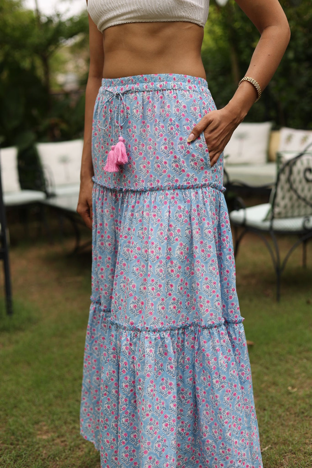Maya maxi-tiered skirt in dusty blue