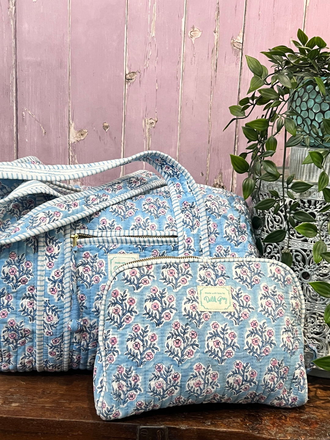 Dusty Blue and Lavender Mogra Makeup Pouch