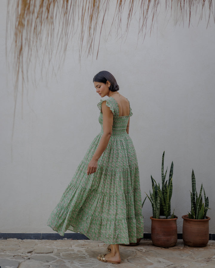 Tara Smocked Dress in sage green and pink - Dilli Grey