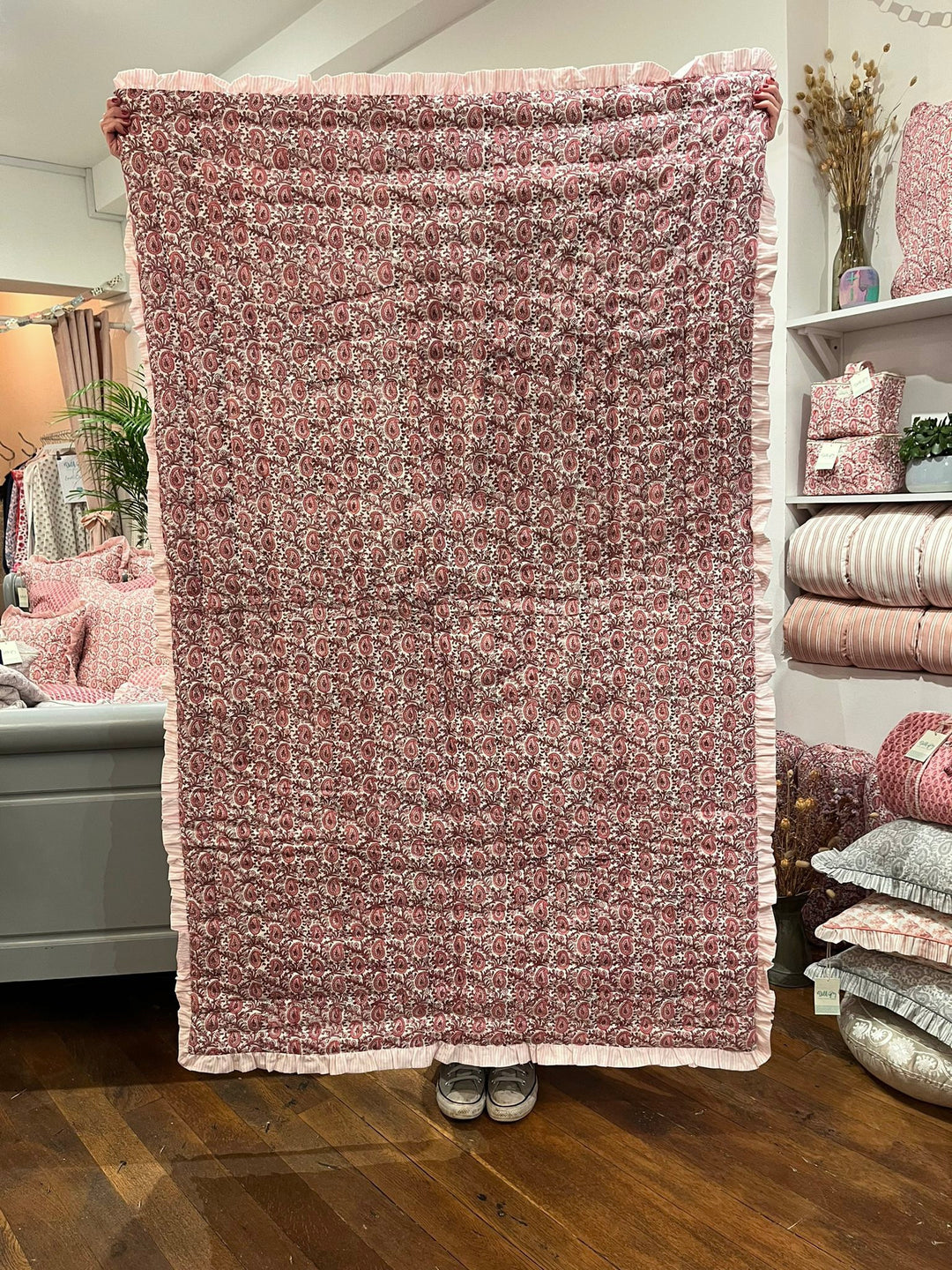 Paisley Ruffle Quilted Throw in Desert Rose