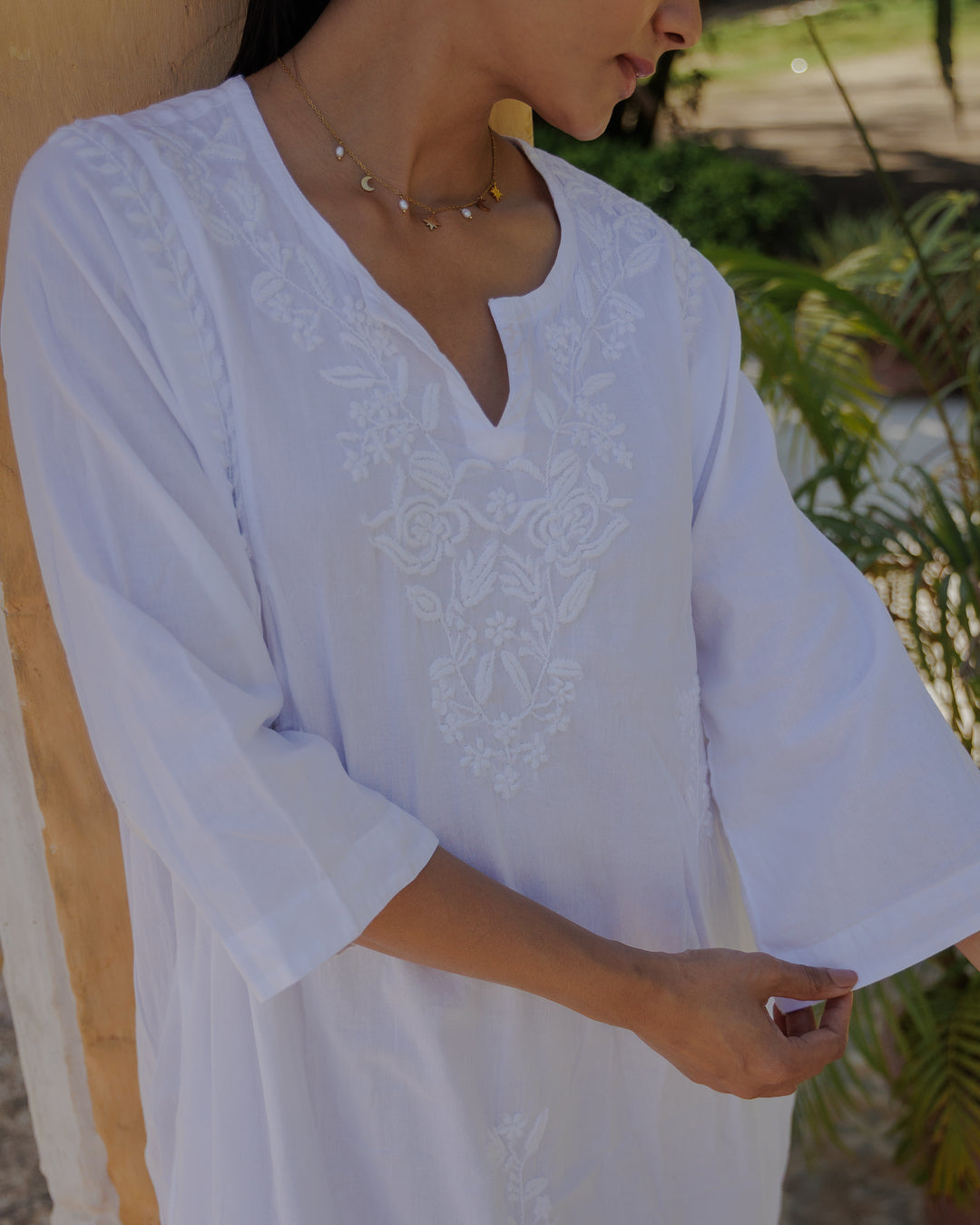 Chikankari-embroidered kaftan in Jasmine White