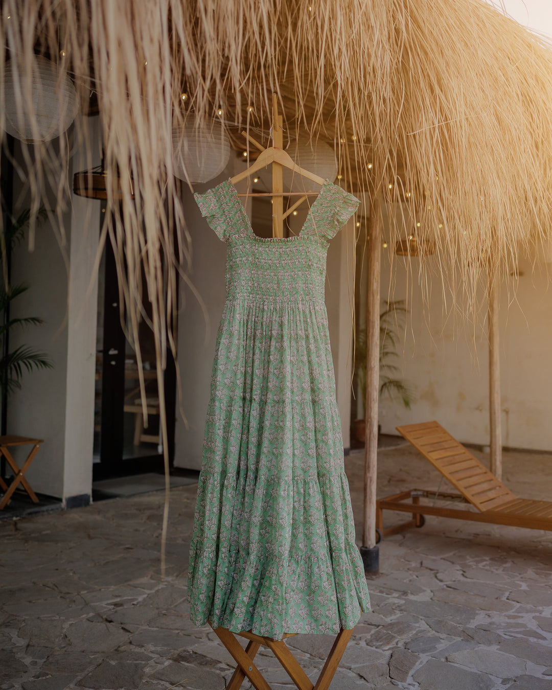 Tara Smocked Dress in sage green and pink - Dilli Grey