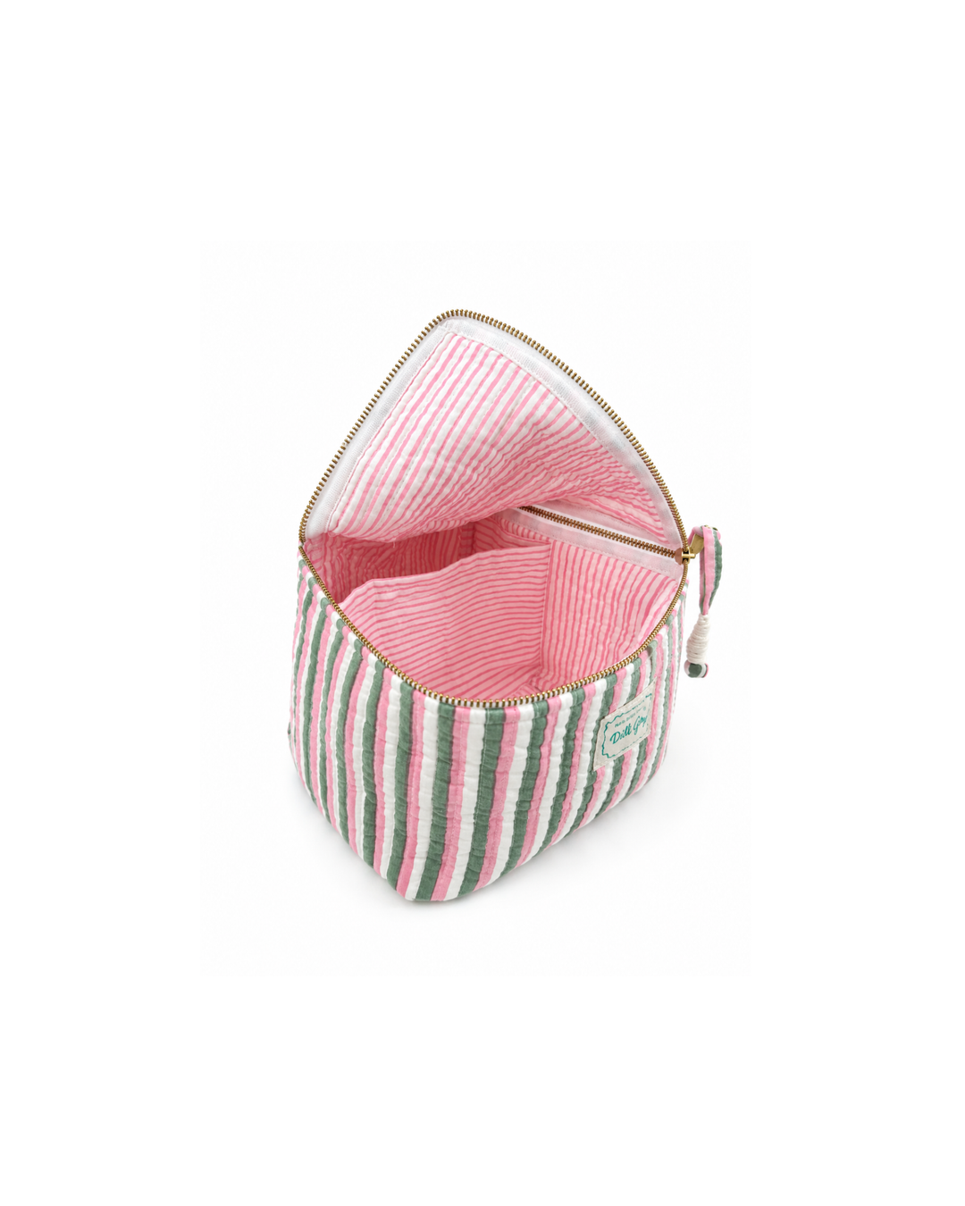 Candy Stripe Cosmetics Case in sage green & pink
