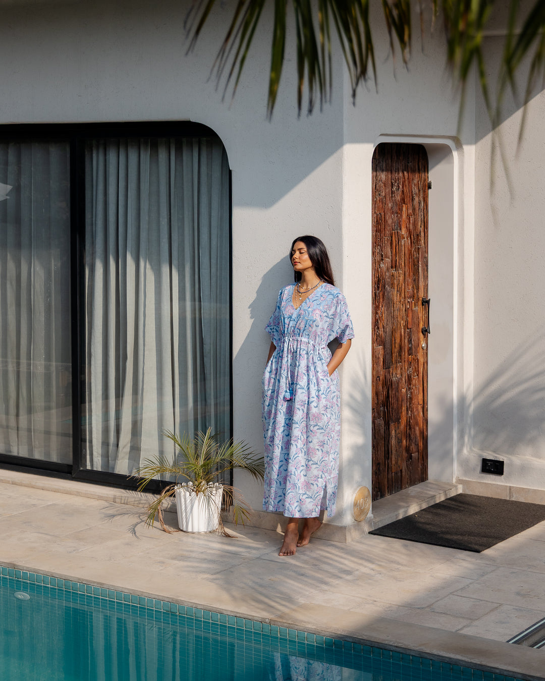 Tilly Stripe Champaca Maxi Kaftan Dress in Dusty Blue - Dilli Grey