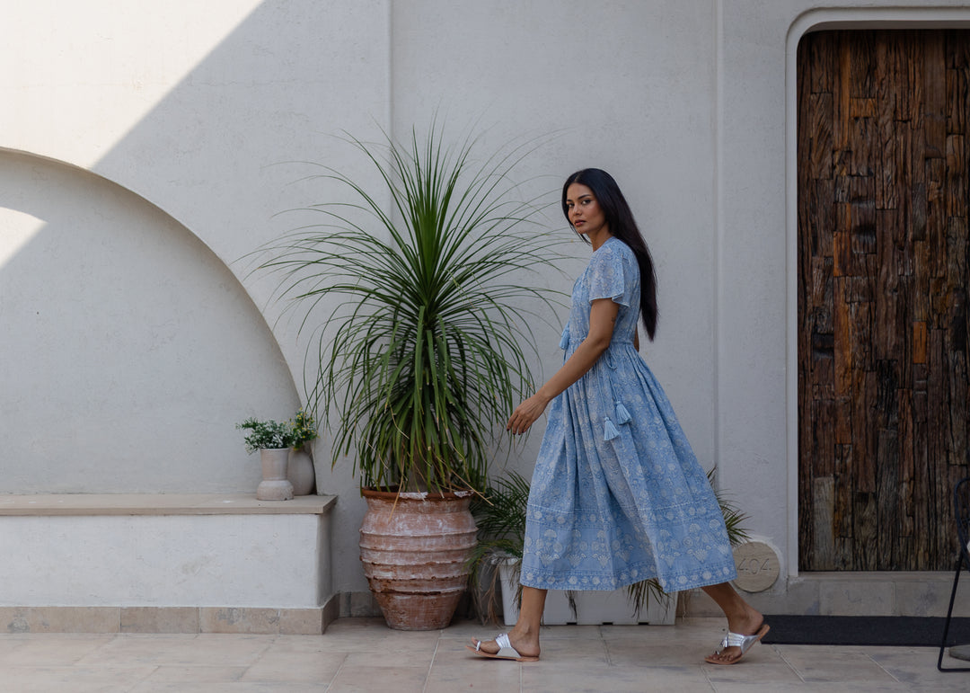 Fifi Flutter Sleeve Midi Dress in Dusty Blue - Dilli Grey