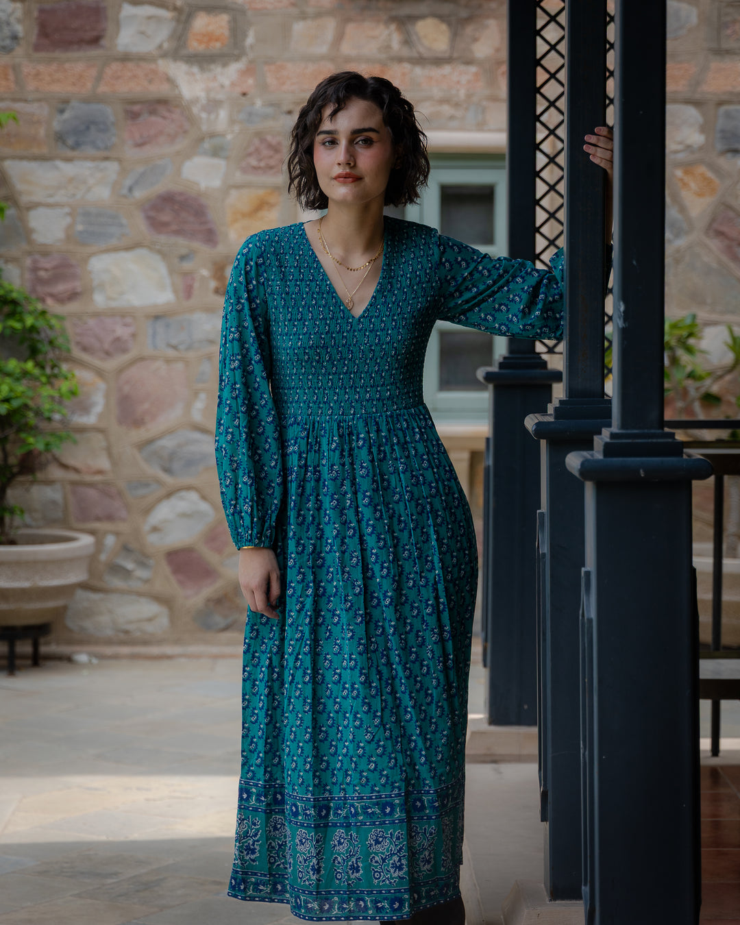 Belle Smocked Hand-Block Printed Midi Dress in Teal - delivery beg Nov