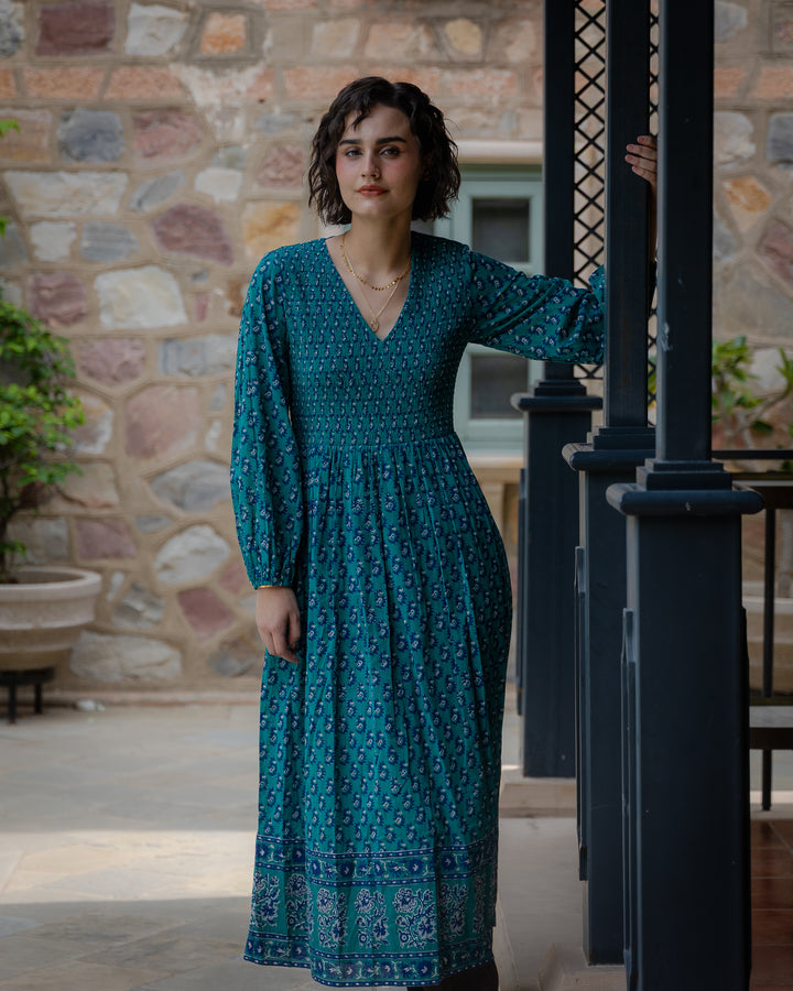 Belle Smocked Hand-Block Printed Midi Dress in Teal - delivery beg Nov