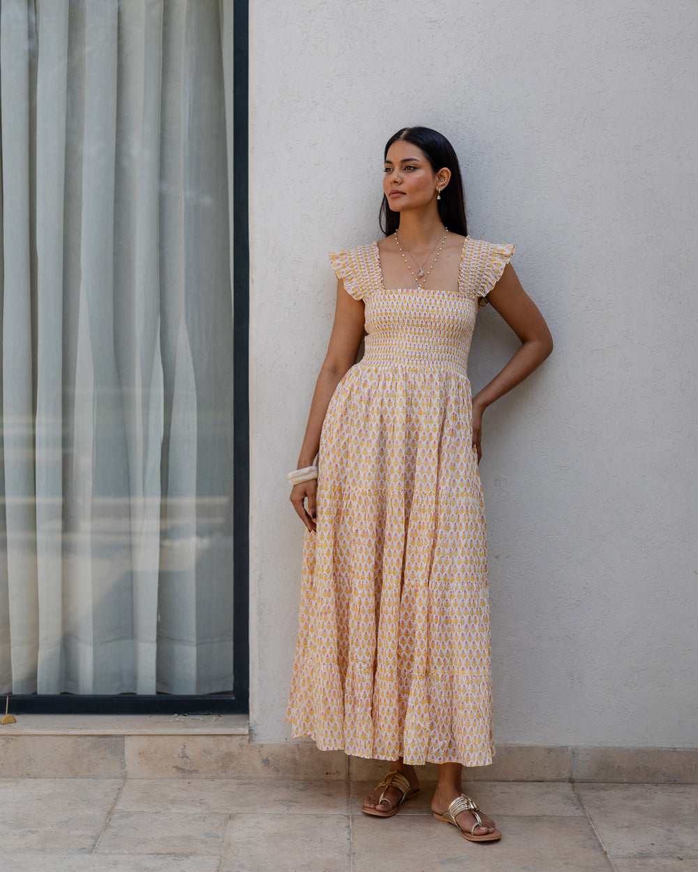 Tara Smocked Dress in sunshine yellow & pink - Dilli Grey