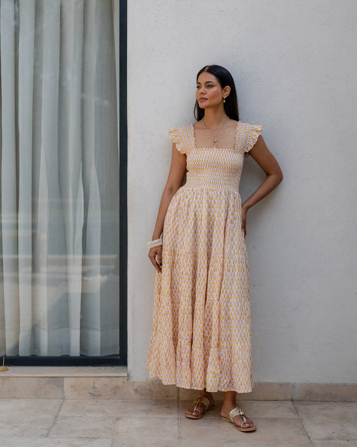 Tara Smocked Dress in sunshine yellow & pink - Dilli Grey