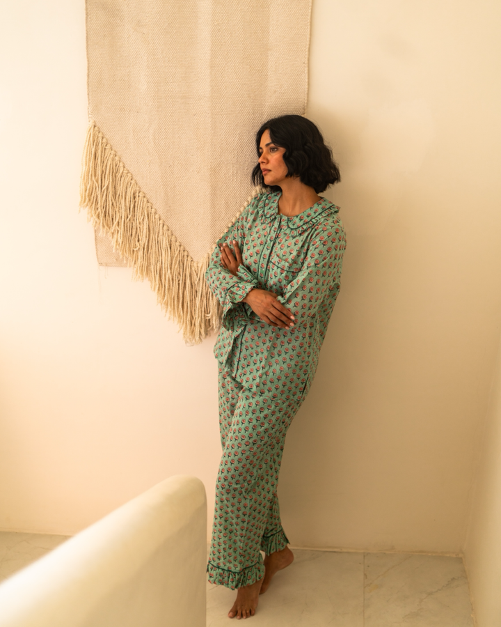 Mini Mogra Ruffle PJ set in Jade - Dilli Grey
