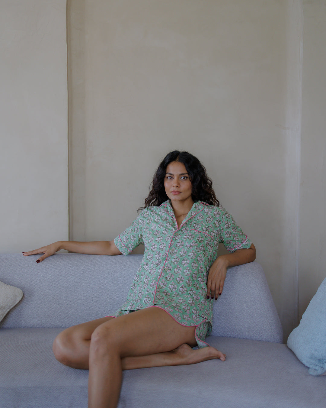 Mogra Shorts PJ set in Sage Green and Pink - Dilli Grey