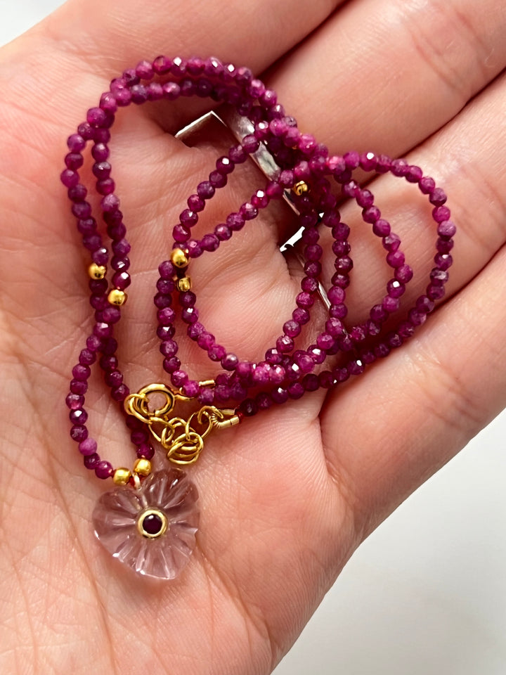 Jaipur Carved Heart Necklace in Ruby and pale amethyst