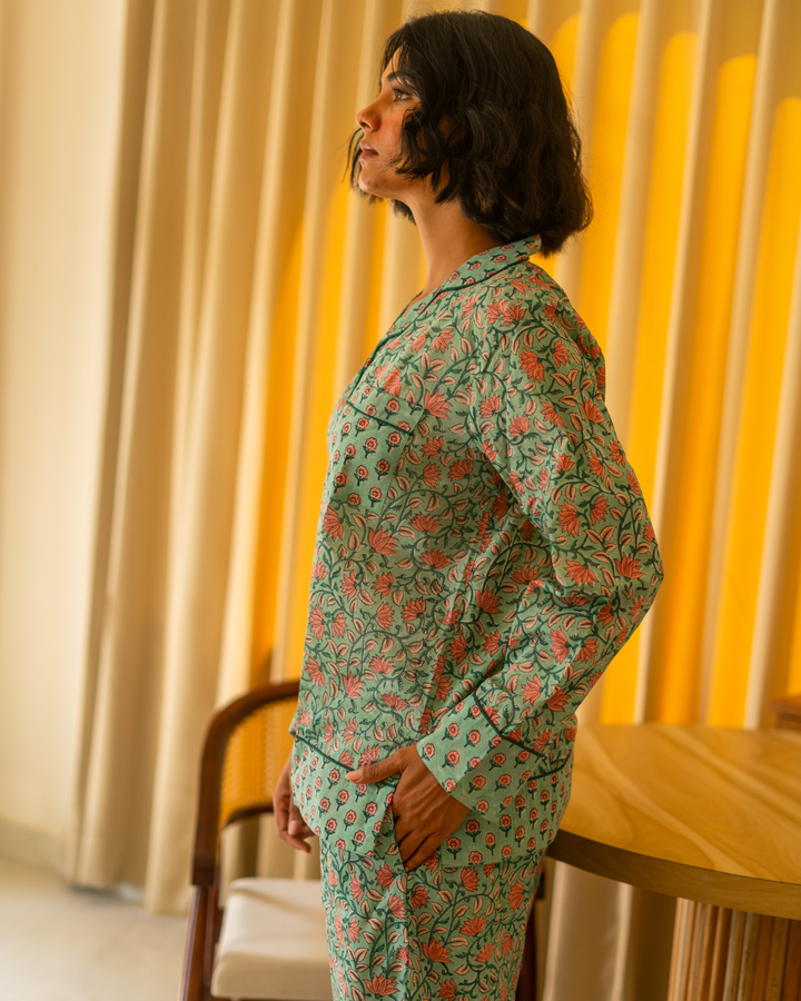 Indira Jaal Long Sleeve PJ set in Jade & Peach - Dilli Grey