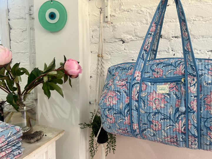 Champaca Quilted Weekend Bag in dusty blue & pink lavender