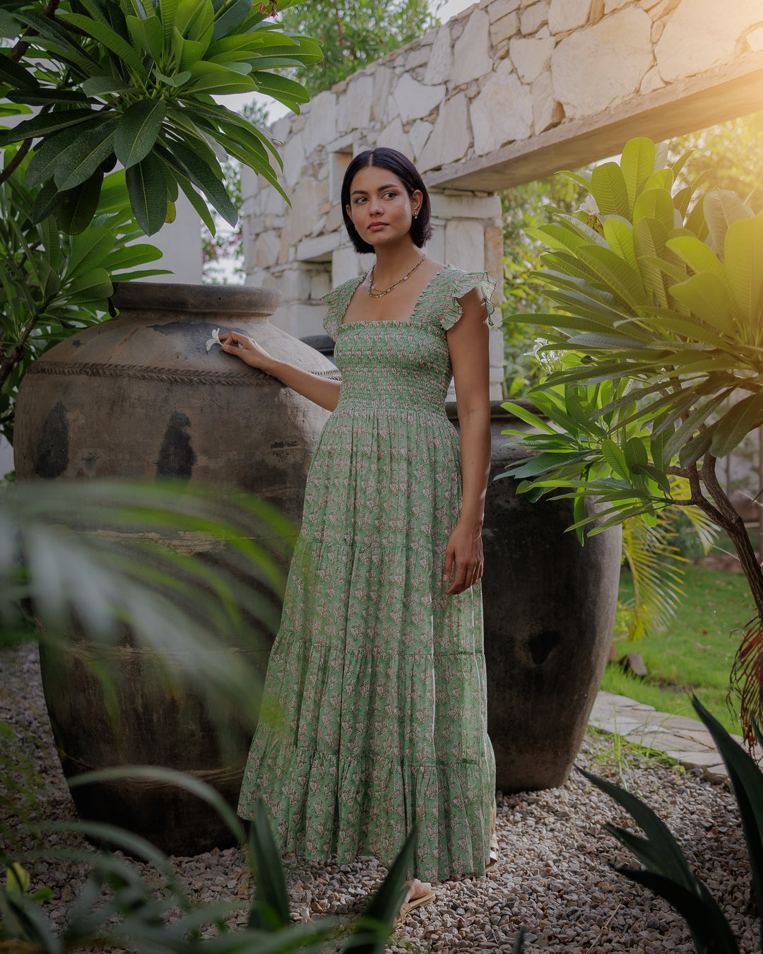 Tara Smocked Dress in sage green and pink - Dilli Grey