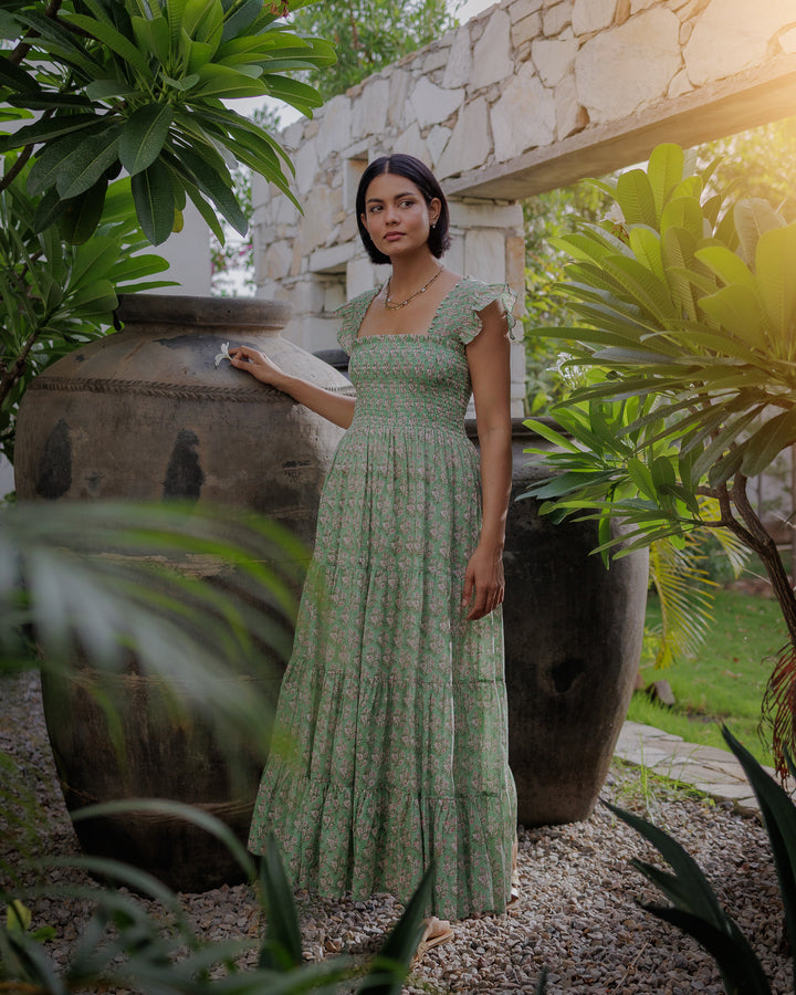 Tara Smocked Dress in sage green and pink - Dilli Grey