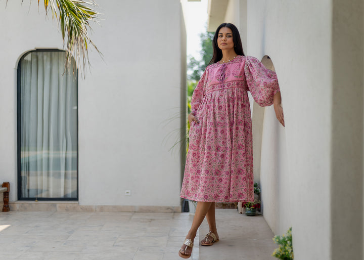 Farah Midi Dress in Jaipur Pink and Sage - Dilli Grey