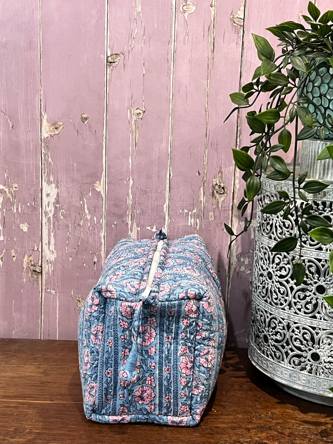 Border Stripe Washbag in Dusty Blue & Lavender
