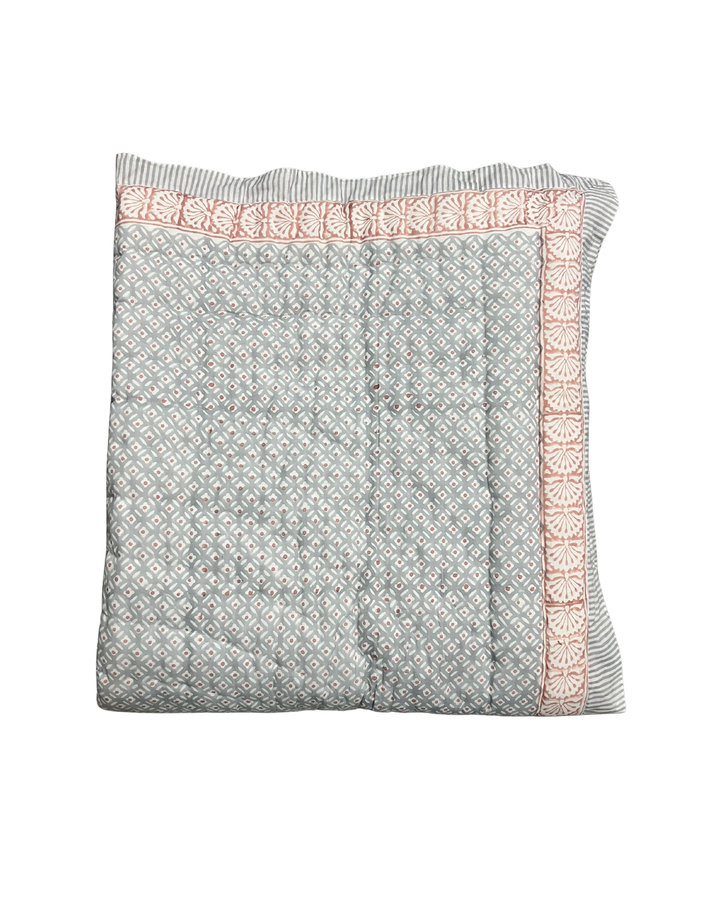 Jaipur Chintz reversible quilted Throw In vintage blue  & dusty pink - Dilli Grey