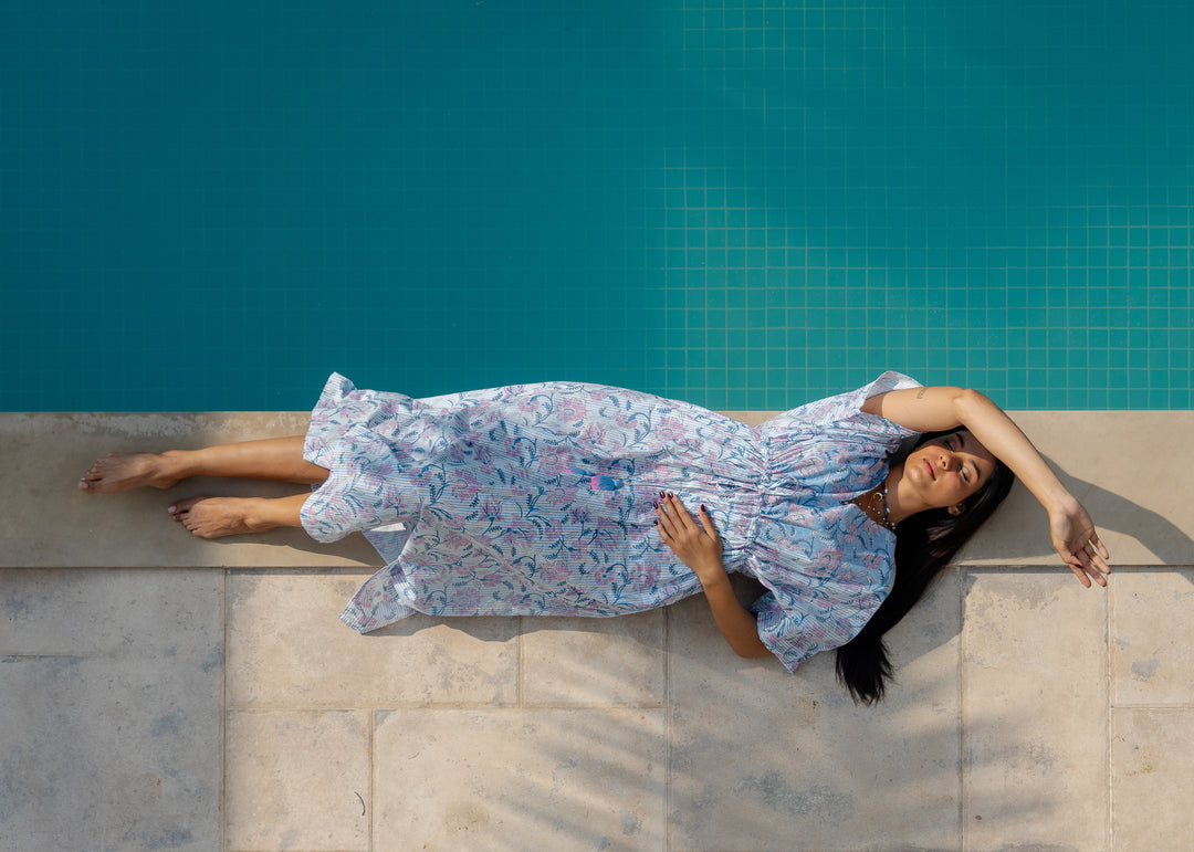 Tilly Stripe Champaca Maxi Kaftan Dress in Dusty Blue - Dilli Grey