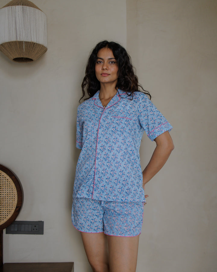 Mogra Shorts PJ set in Dusty Blue & Pink Lavender - Dilli Grey