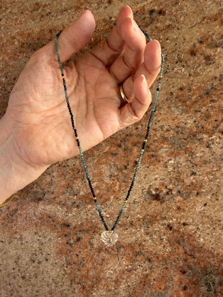 Jaipur Carved Heart Necklace in Crystal & Green Tourmaline  - SHIPS 9TH SEPTEMBER