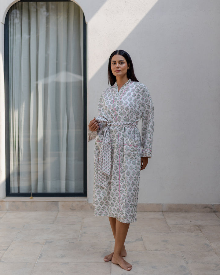 Mogra Robe in White and Sage - Dilli Grey