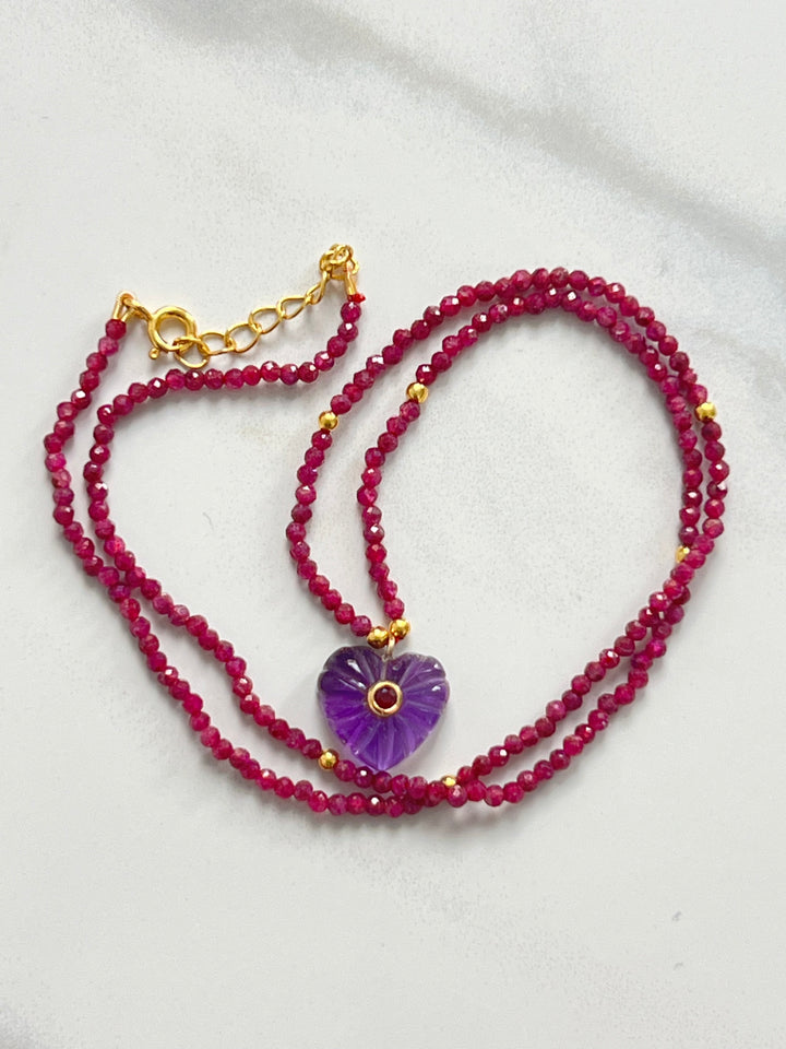 Jaipur Carved Heart Necklace in Ruby & Amethyst