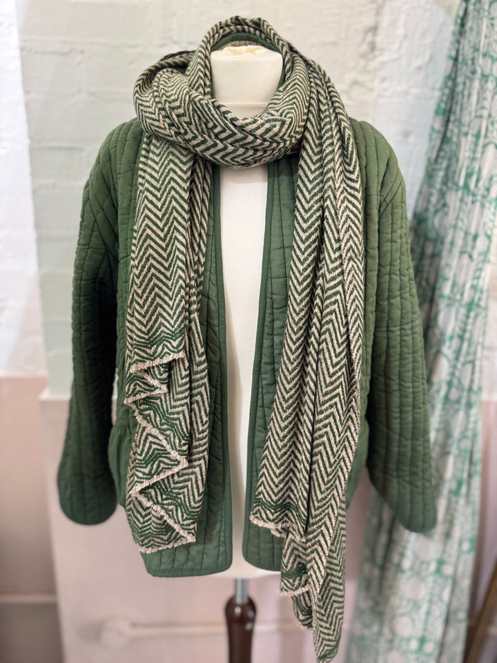 Cashmere chevron scarf in taupe and tulsi green