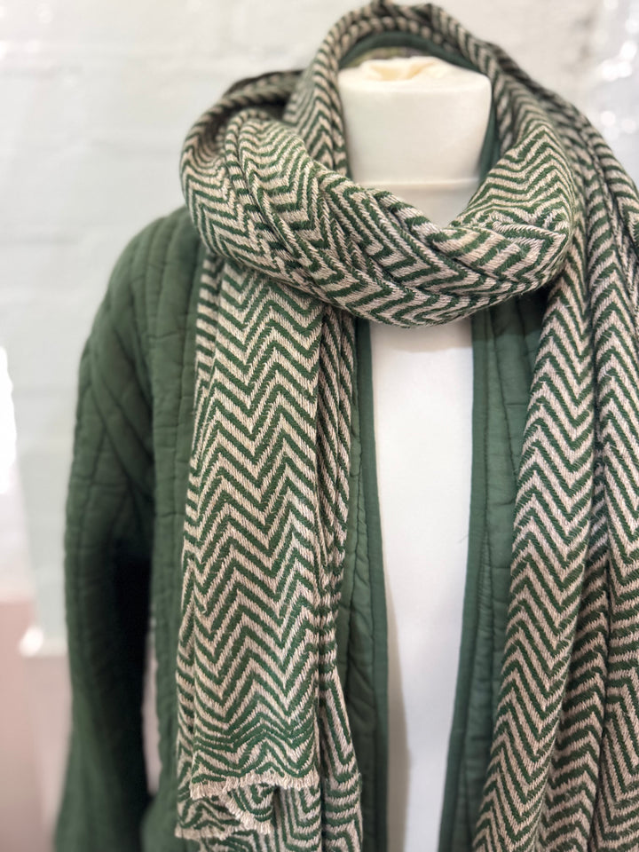 Cashmere chevron scarf in taupe and tulsi green