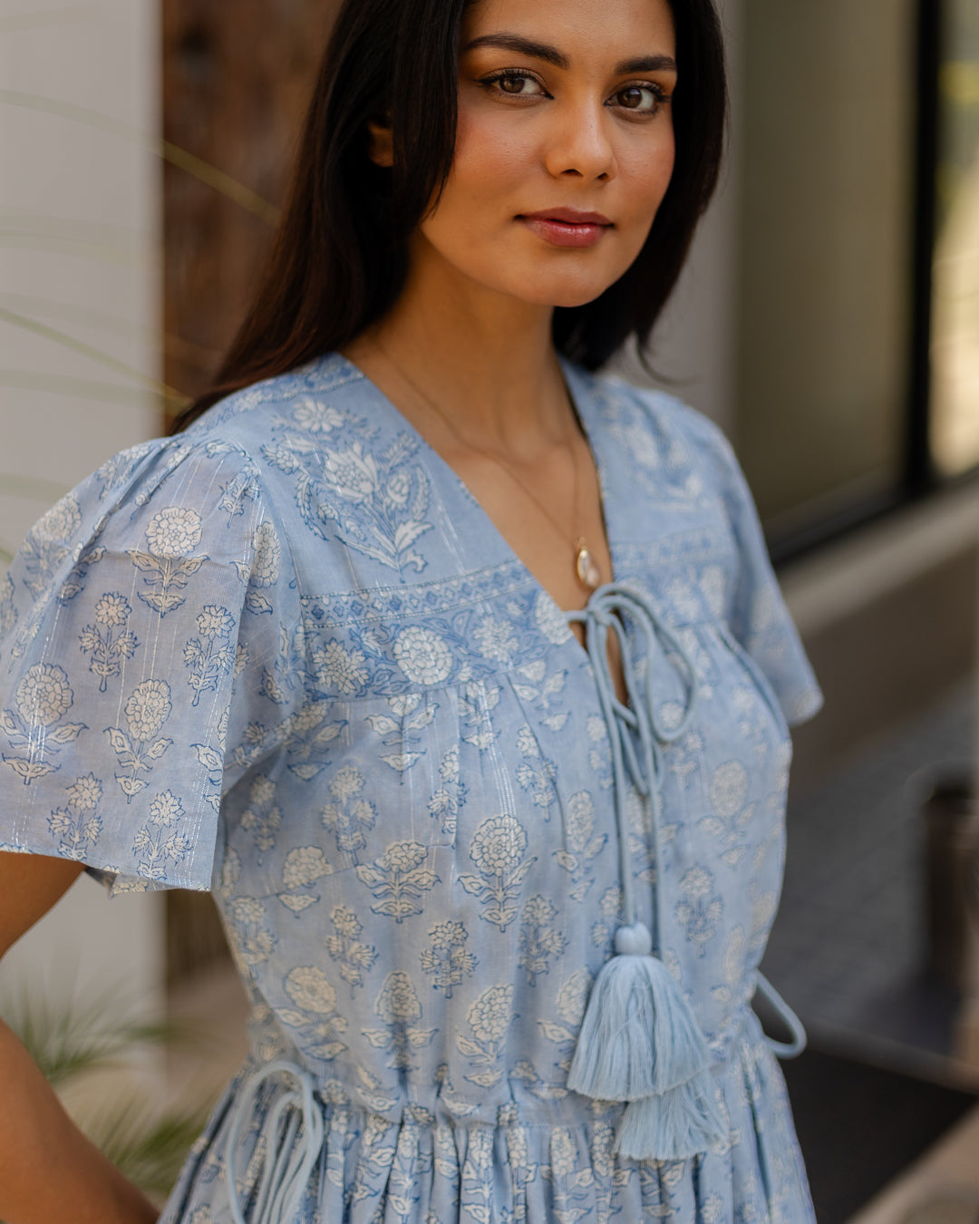 Fifi Flutter Sleeve Midi Dress in Dusty Blue - Dilli Grey