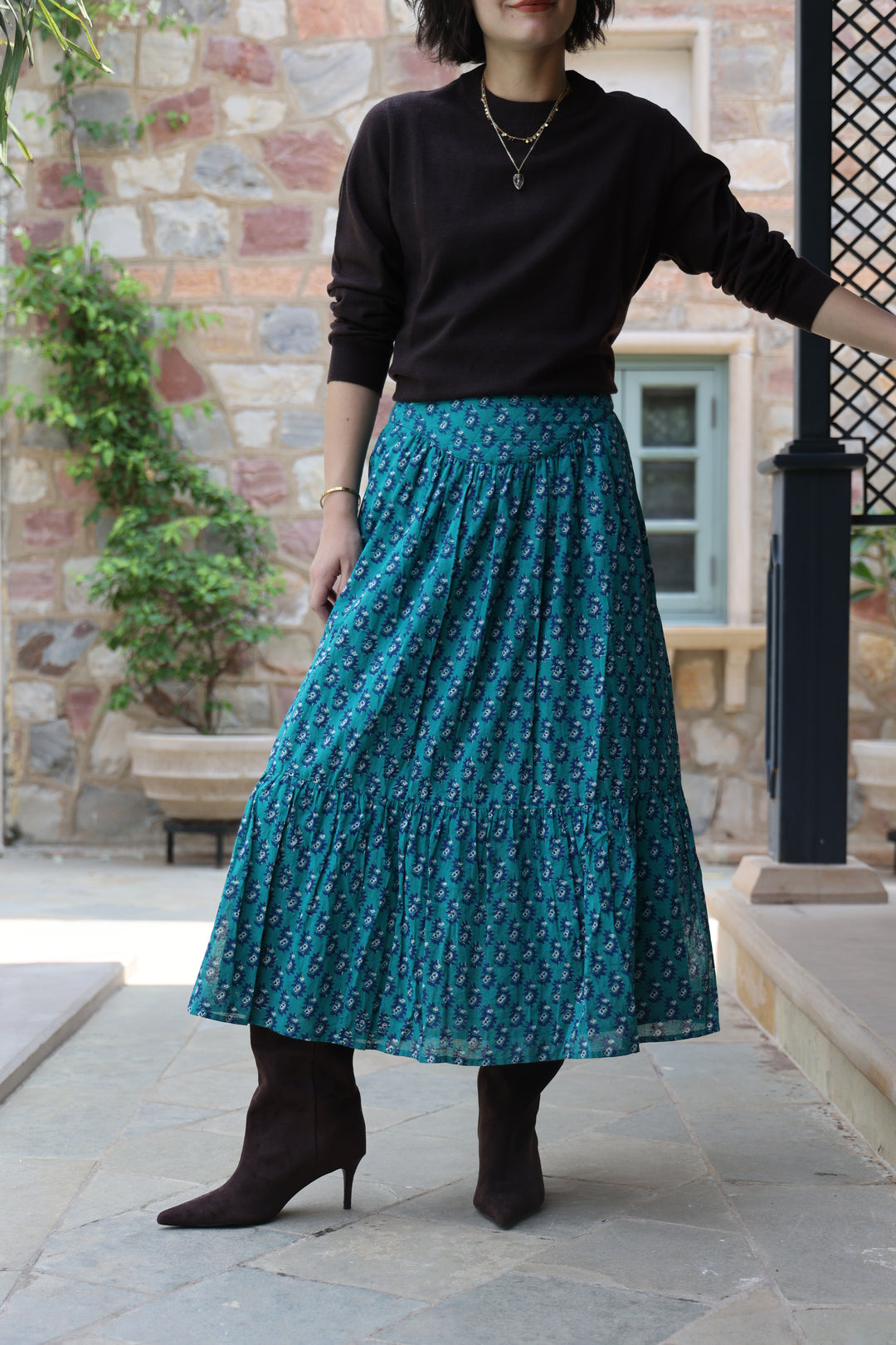 Dakota Hand-Block Printed Skirt in Teal - delivery beg Nov