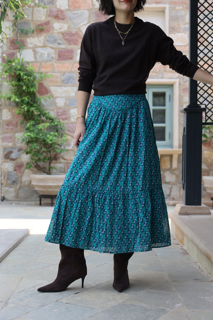 Dakota Hand-Block Printed Skirt in Teal - delivery beg Nov