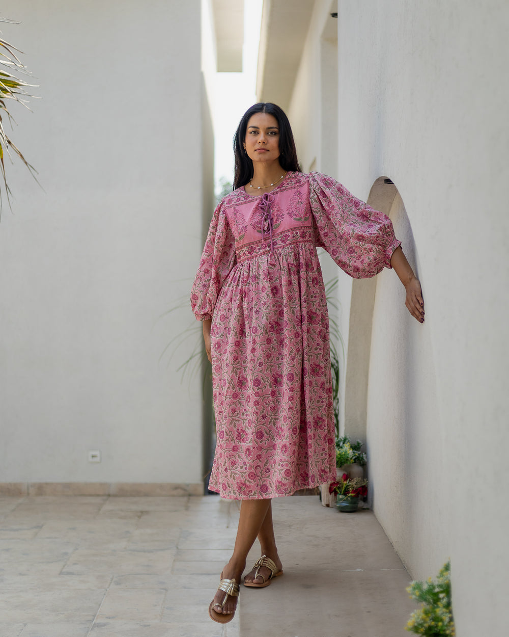 Farah Midi Dress in Jaipur Pink and Sage - Dilli Grey