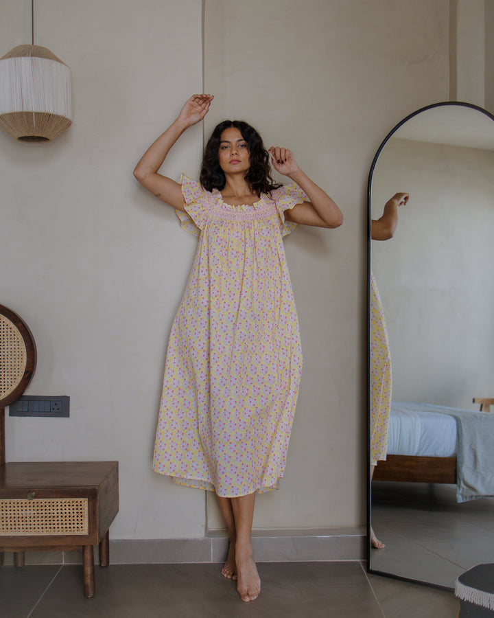 Mogra Smocked Nightie in Sunshine Yellow & Pink - Dilli Grey