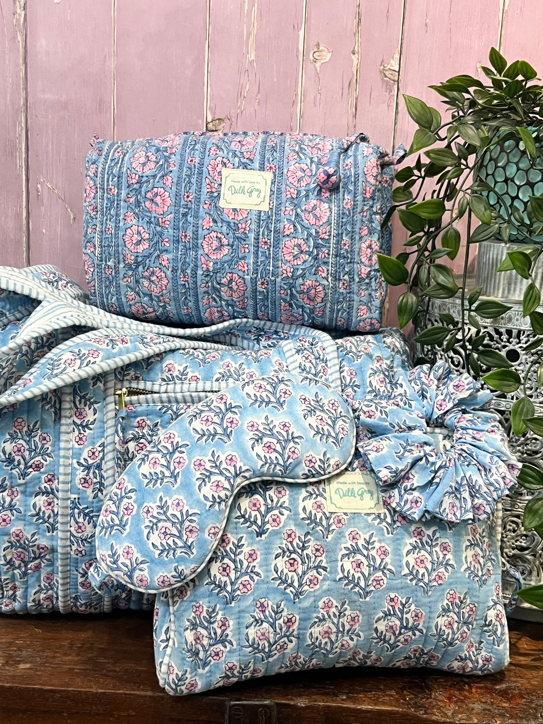 Dusty Blue and Lavender Mogra Makeup Pouch