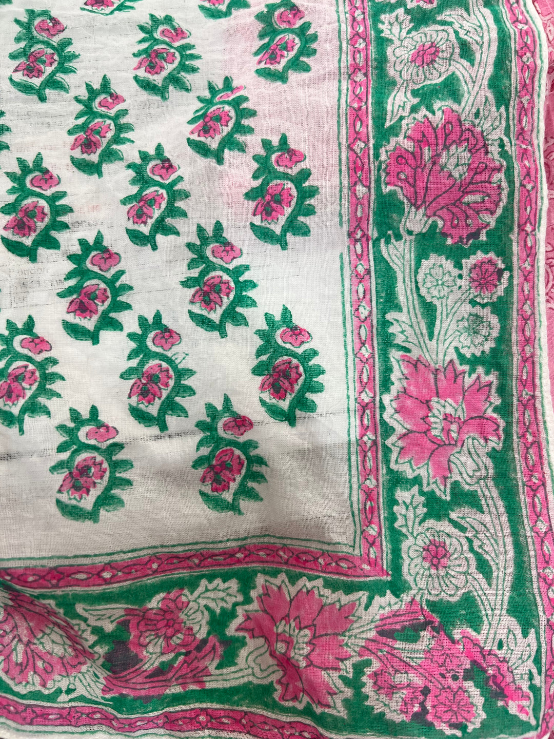 Hand Block Printed Cotton Bandana Scarf in white & jade green