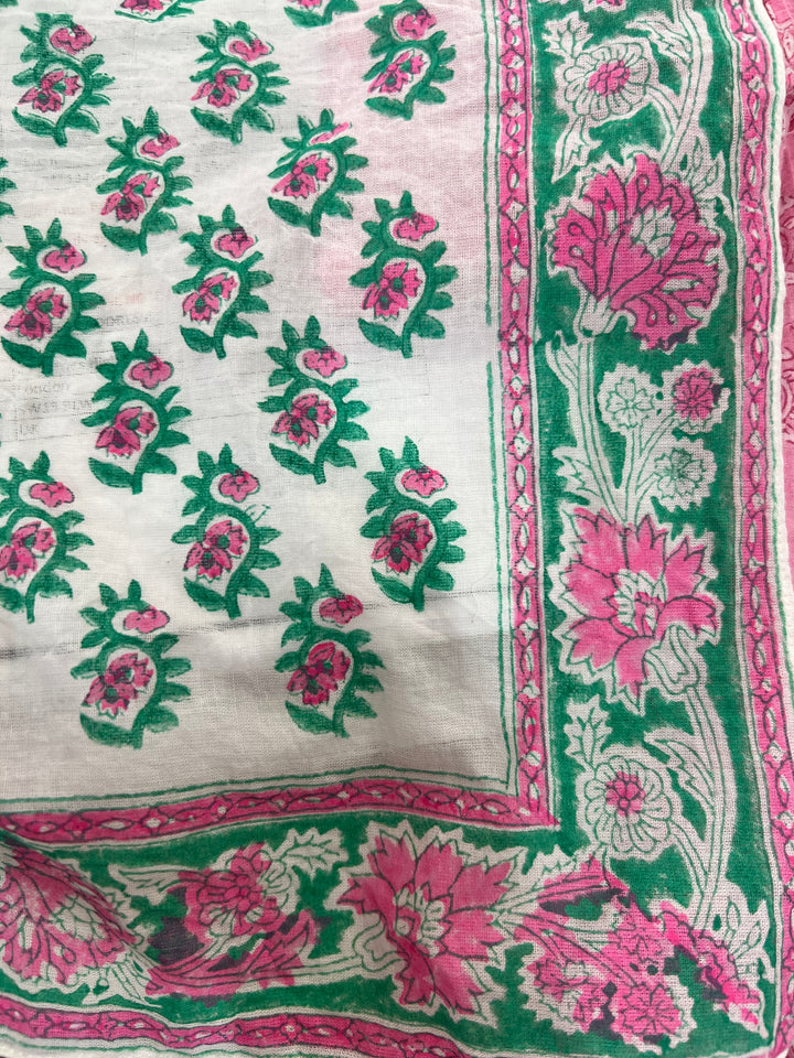 Hand Block Printed Cotton Bandana Scarf in white & jade green
