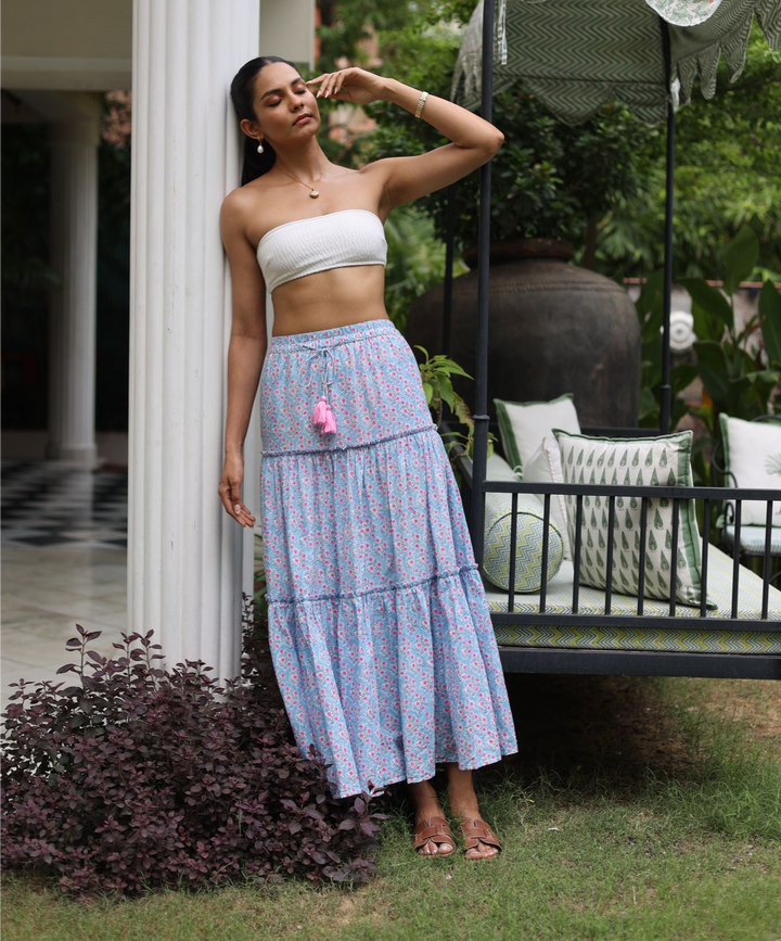 Maya maxi-tiered skirt in dusty blue