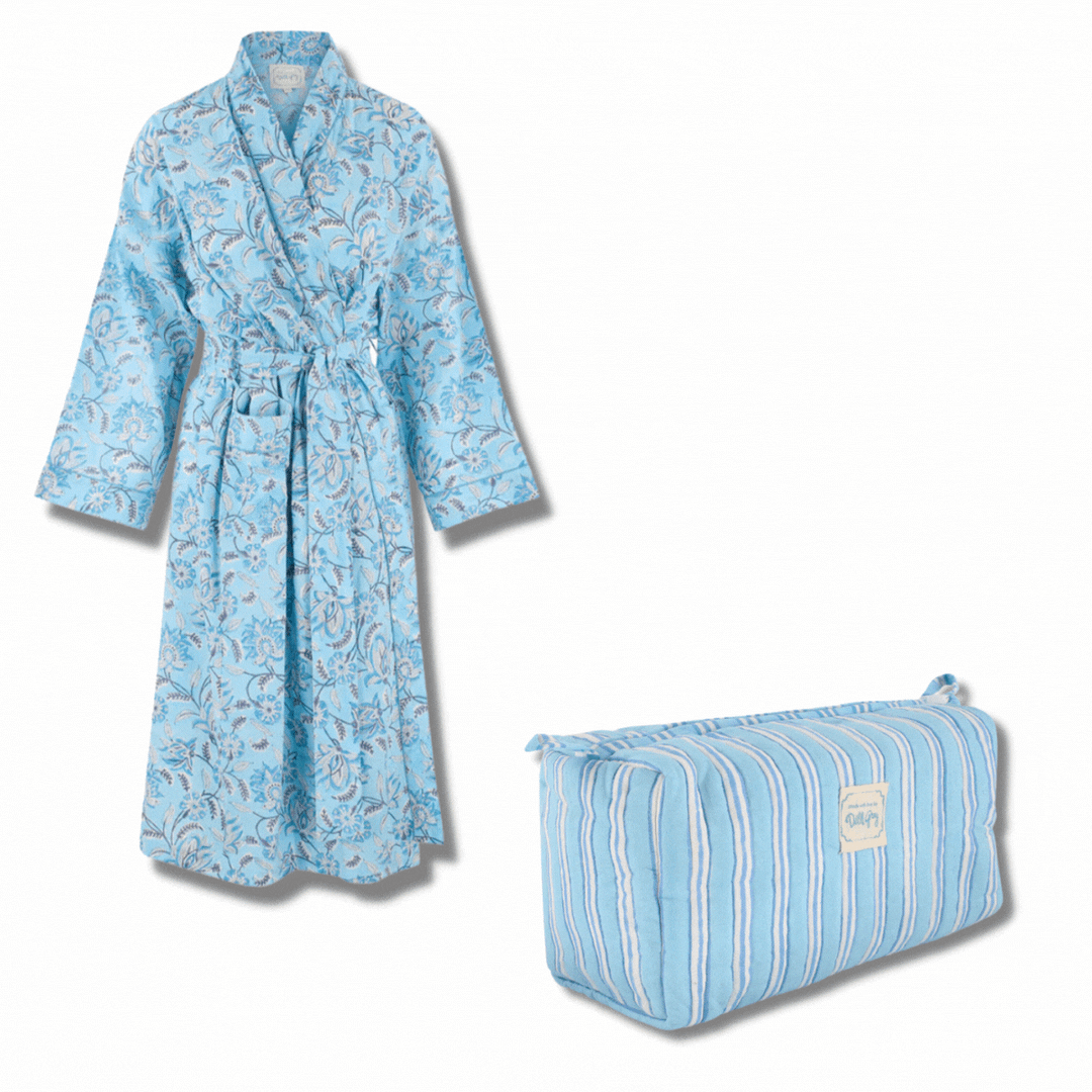Block print robe gift duo in blue champaca