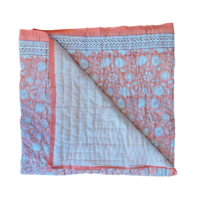 Peach Narayan hand-block printed quilt - Dilli Grey