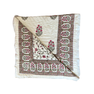 Jasmine Jaal hand-block printed quilt in sage and pink