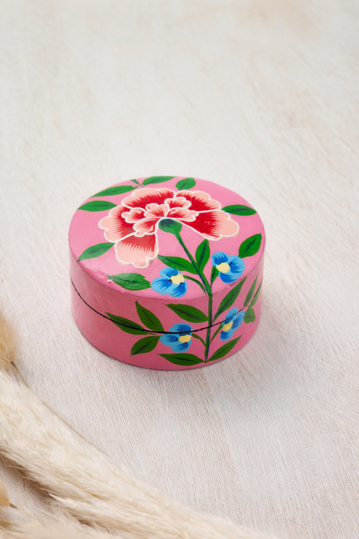 Kashmiri Chrysanthemum Handpainted small Trinket Box in pink - Dilli Grey