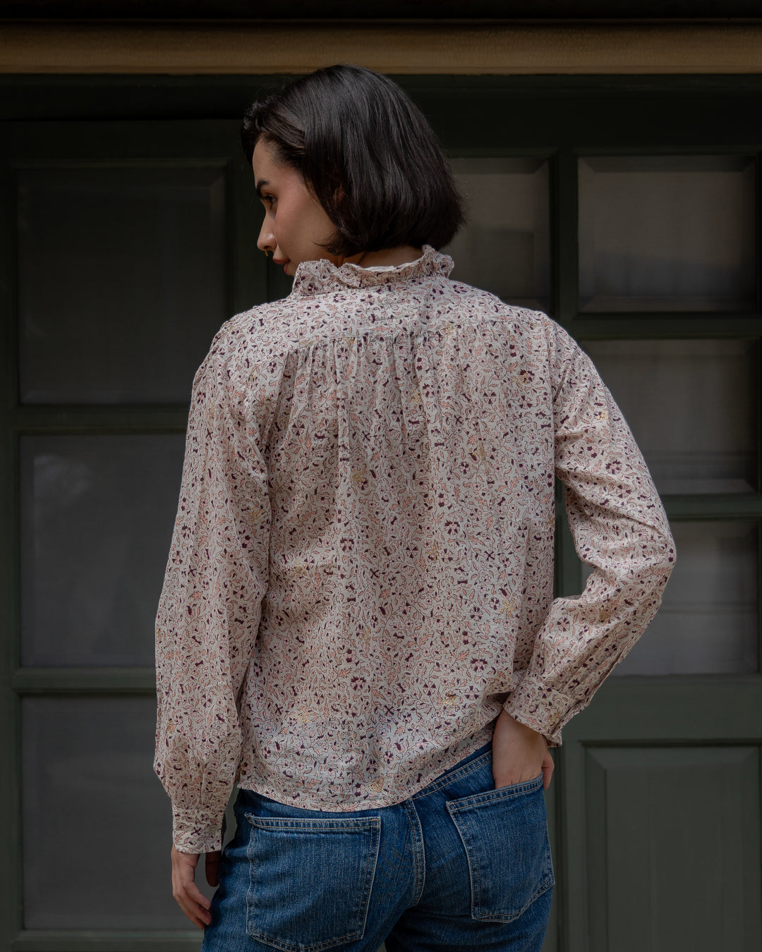 Hannah Ruffle Blouse in Off white & burgundy - delivery beg Nov