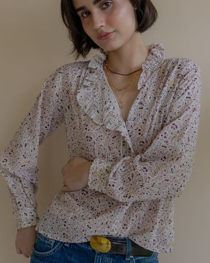 Hannah Ruffle Blouse in Off white & burgundy - delivery beg Nov