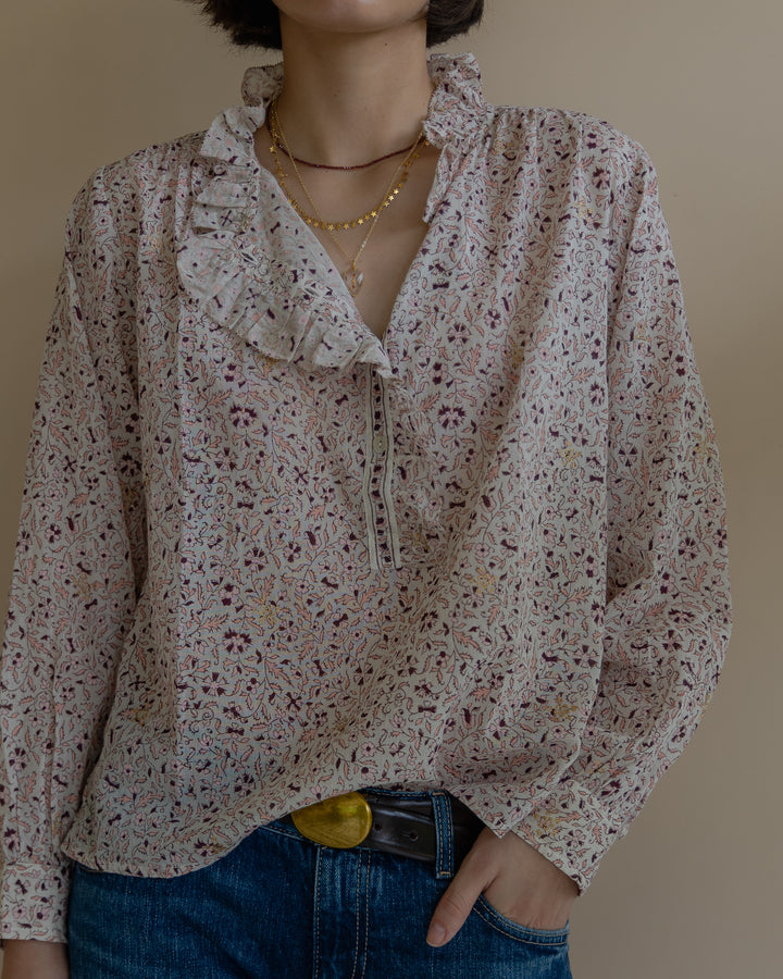 Hannah Ruffle Blouse in Off white & burgundy - delivery beg Nov