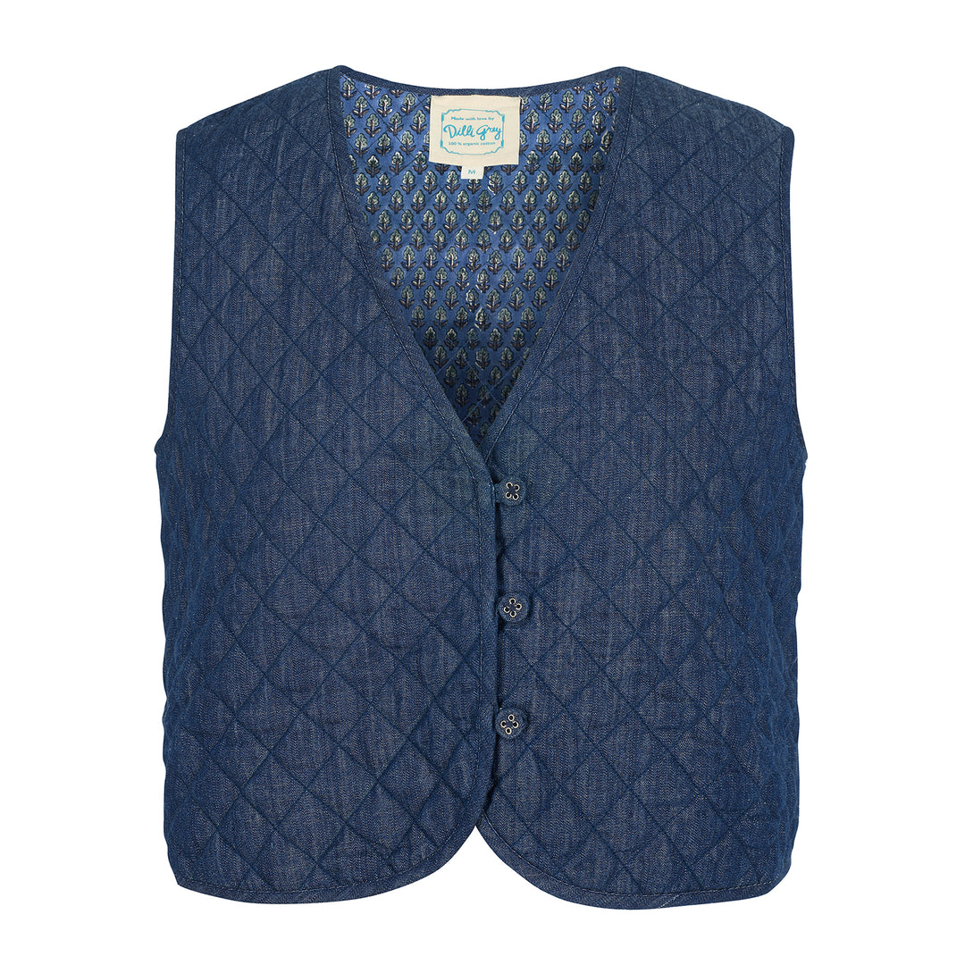 Tara Denim Quilted Waistcoat in indigo wash